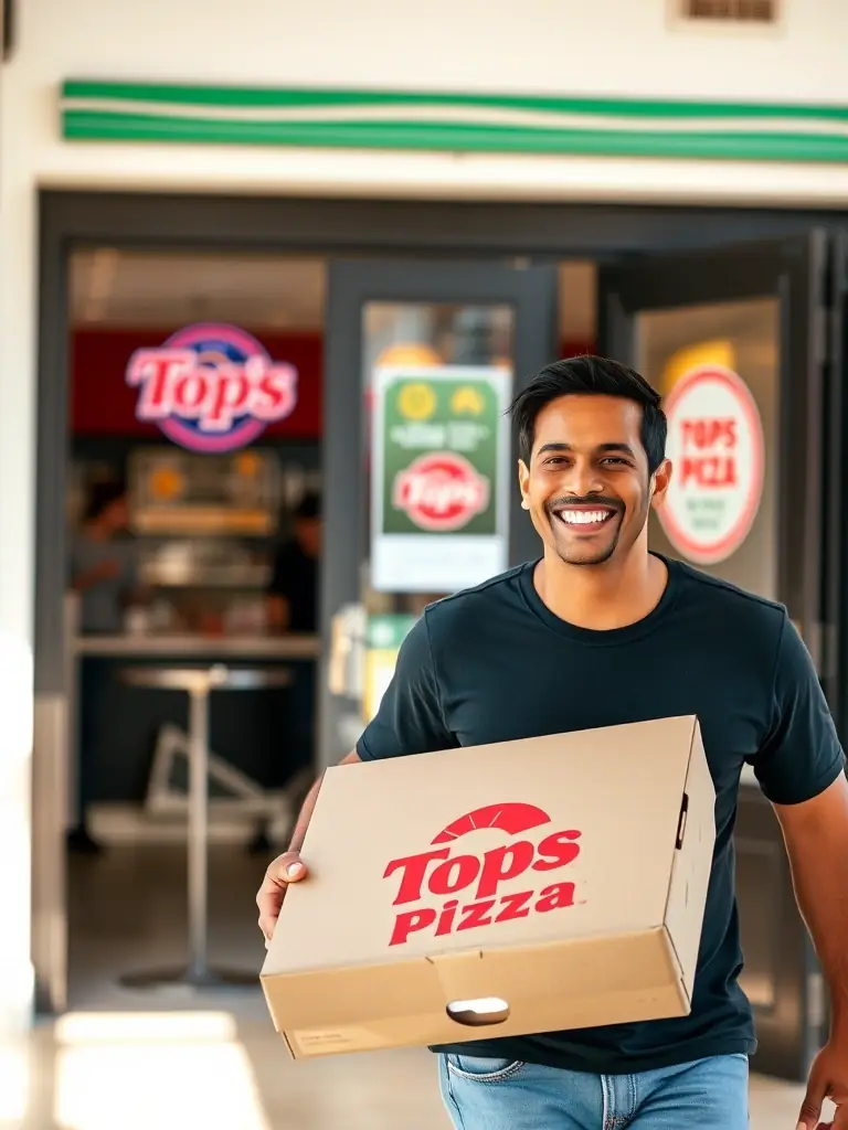 A customer happily carrying a Tops Pizza box out of the restaurant, with the Tops Pizza logo visible in the background.