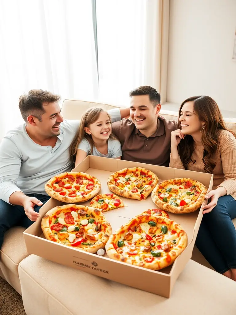 A family enjoying Tops Pizza together at home, showcasing the convenience of pickup.
