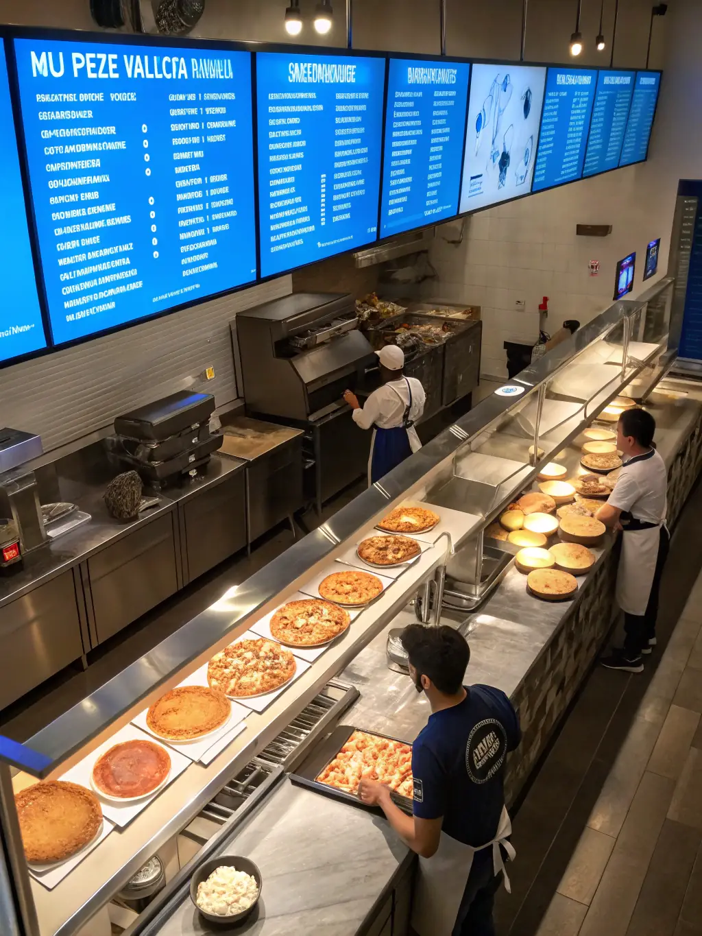 A Tops Pizza employee carefully placing a pizza into a heated holding cabinet, ensuring it stays warm for pickup.