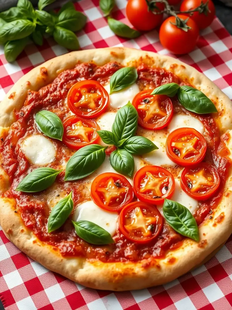 A vibrant, overhead shot of a 'Margherita Pizza' with fresh basil leaves, showcasing its simple yet classic appeal, set in a warm, inviting ambiance.