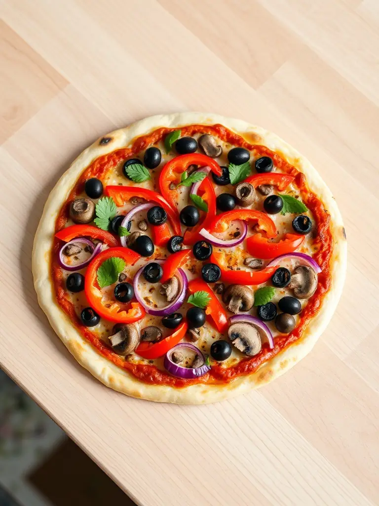 An appetizing image of a Vegetarian Supreme pizza, highlighting colorful bell peppers, mushrooms, onions, olives, and mozzarella cheese on a crispy crust, suitable for Tops Pizza's online menu.