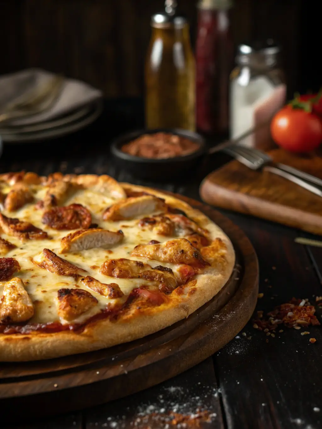 A mouthwatering image of a 'BBQ Chicken Pizza' with grilled chicken, tangy BBQ sauce, red onions, cilantro, and melted cheese, showcasing its unique and smoky flavor profile.