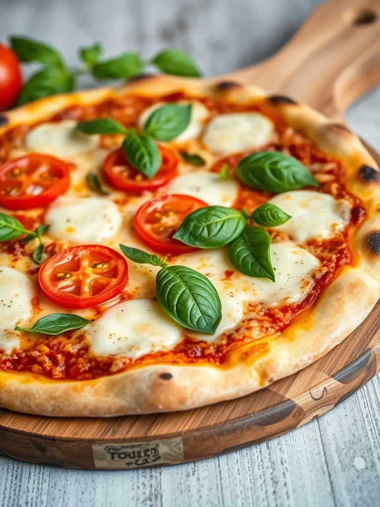 A vibrant, overhead shot of a freshly baked Margherita pizza with melted mozzarella, ripe tomatoes, and fresh basil leaves, presented on a rustic wooden board in a warm, inviting setting, perfect for showcasing on Tops Pizza's menu.