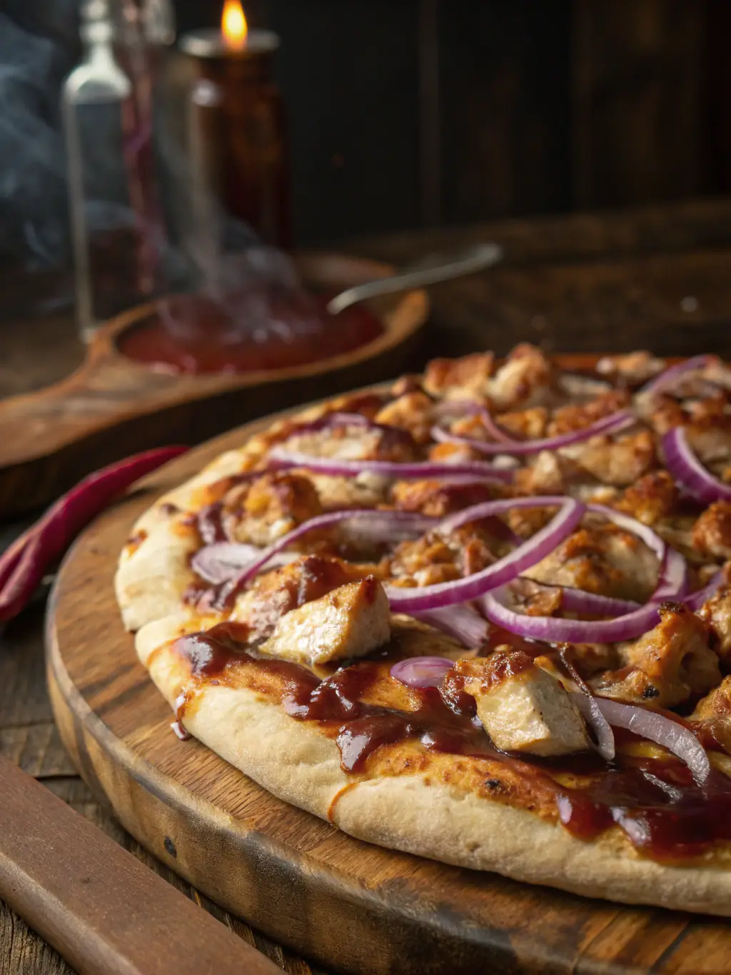 A mouthwatering photo of a BBQ Chicken pizza, featuring tender pieces of grilled chicken, tangy barbecue sauce, red onions, and melted cheddar cheese on a flavorful crust, perfect for Tops Pizza's menu.