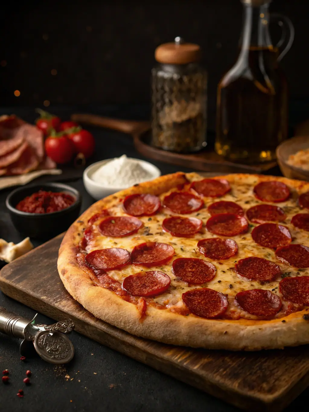 A close-up shot of a Pepperoni Feast pizza, showcasing generous slices of pepperoni covering a bed of melted cheese on a golden-brown crust, ideal for enticing customers on Tops Pizza's menu.