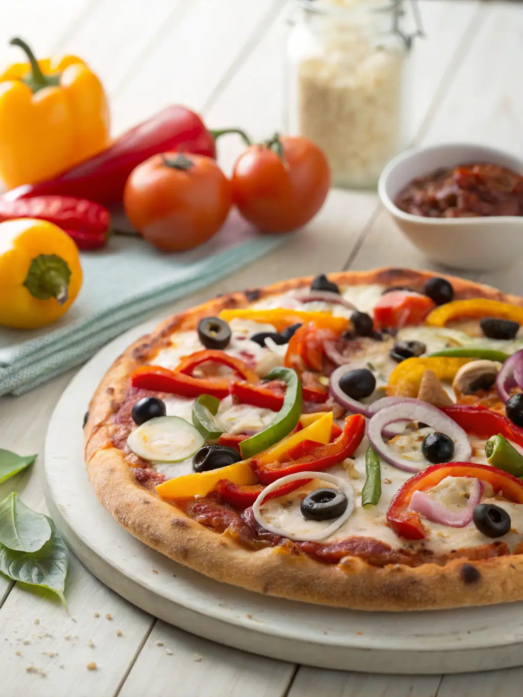 An appetizing image of a 'Veggie Supreme Pizza' with colorful bell peppers, mushrooms, onions, olives, and melted cheese, emphasizing its healthy and flavorful ingredients.